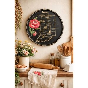 Vintage Indiana State  Flower (Peony) Travel Souvenir Tin Metal Tray Plate 11"